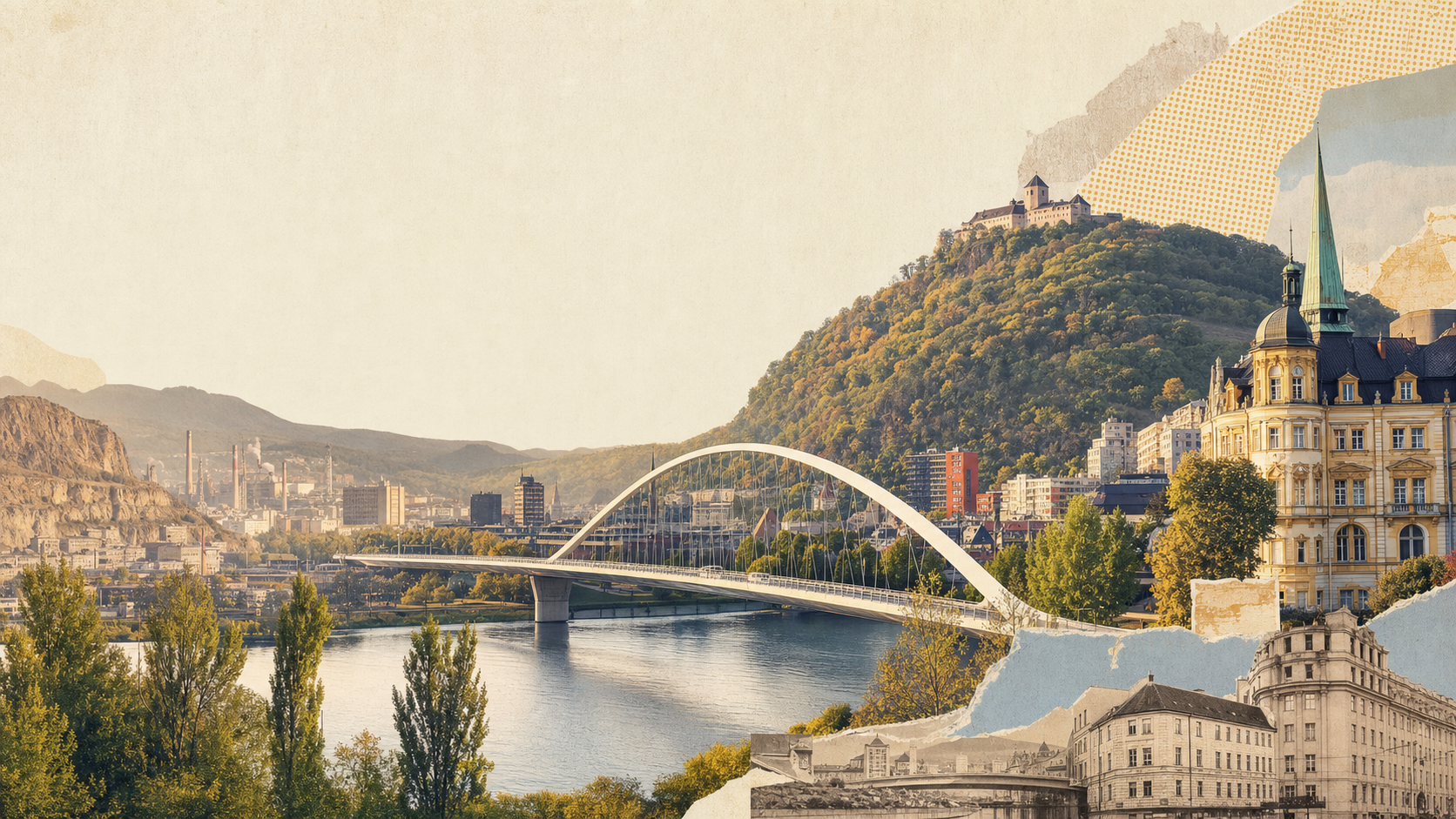 Koláž Ústí nad Labem s řekou, mostem a kopci